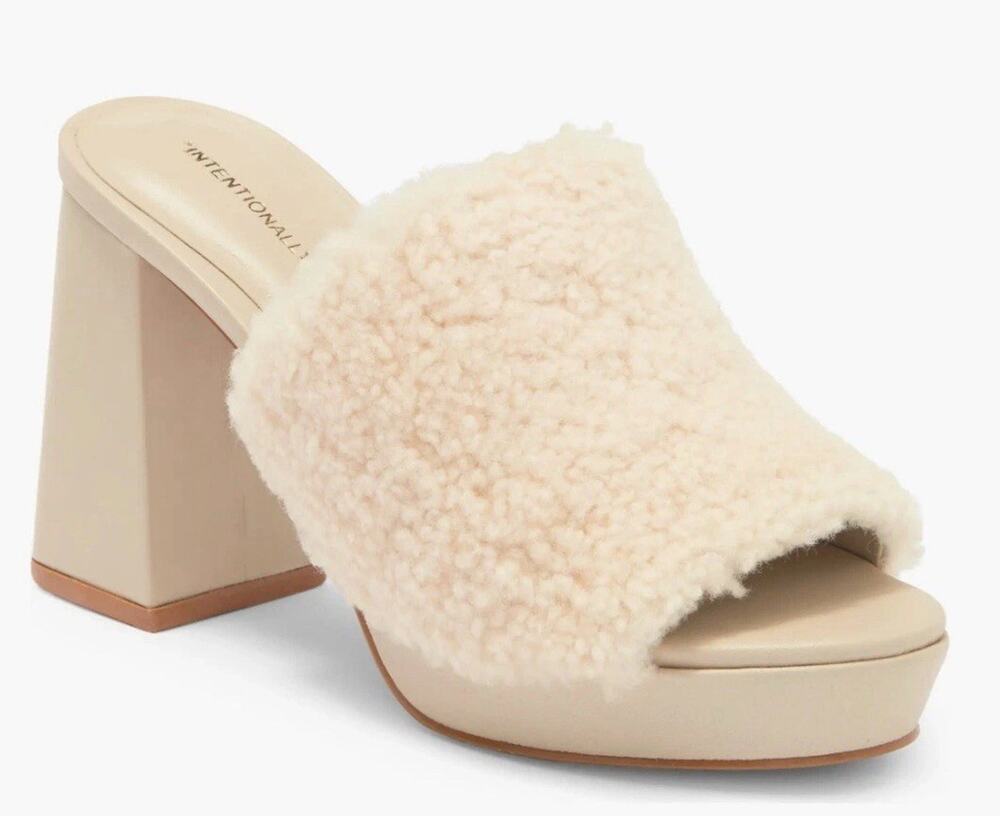 INTENTIONALLY BLANK Size 9.5 Tian Faux Shearling Slide Sandal Slip On CREAM Y2K